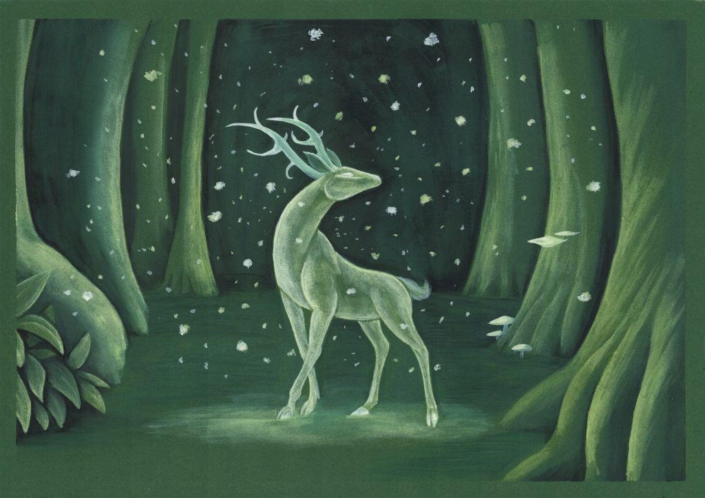 Figurative Malerei eines leuchtenden Hirschen in einem dunklen, grünen Wald mit Lichtkegel